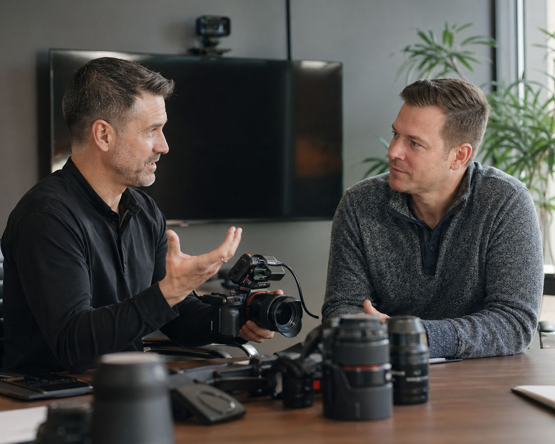 Consultant expliquant un setup vidéo simple lors d’une masterclass Studio Interne